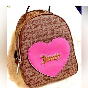 Juicy Couture Brown Monogram Mini Backpack with Pink Heart
